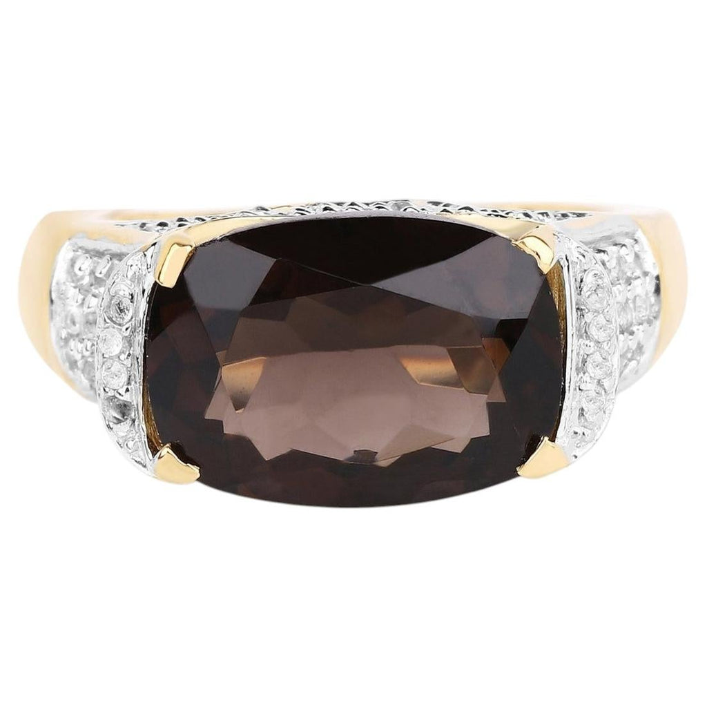Smoky Quartz Ring With White Topaz 6.62 Carats Gold Plated Silver