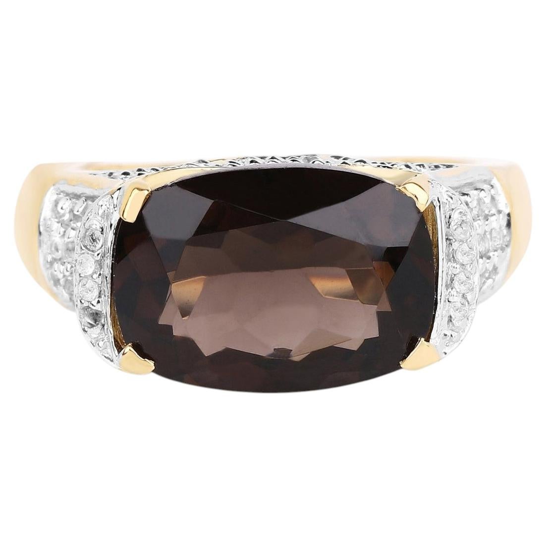 Smoky Quartz Ring With White Topaz 6.62 Carats Gold Plated Silver