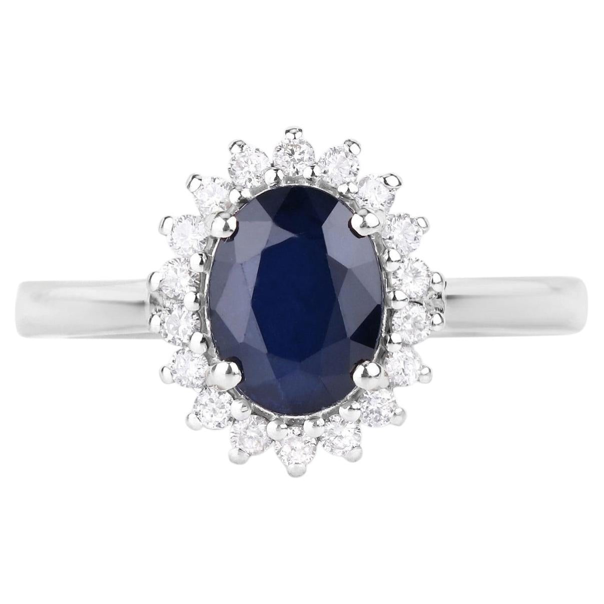 Blue Sapphire Ring With Diamonds 1.7 Carats 14K White Gold