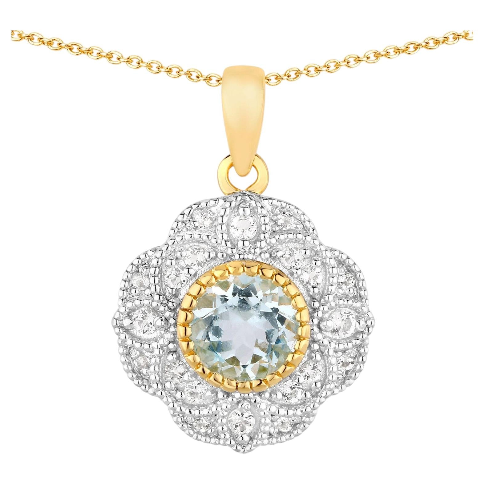 Aquamarine Pendant With White Topaz 0.92 Carats Gold Plated Silver