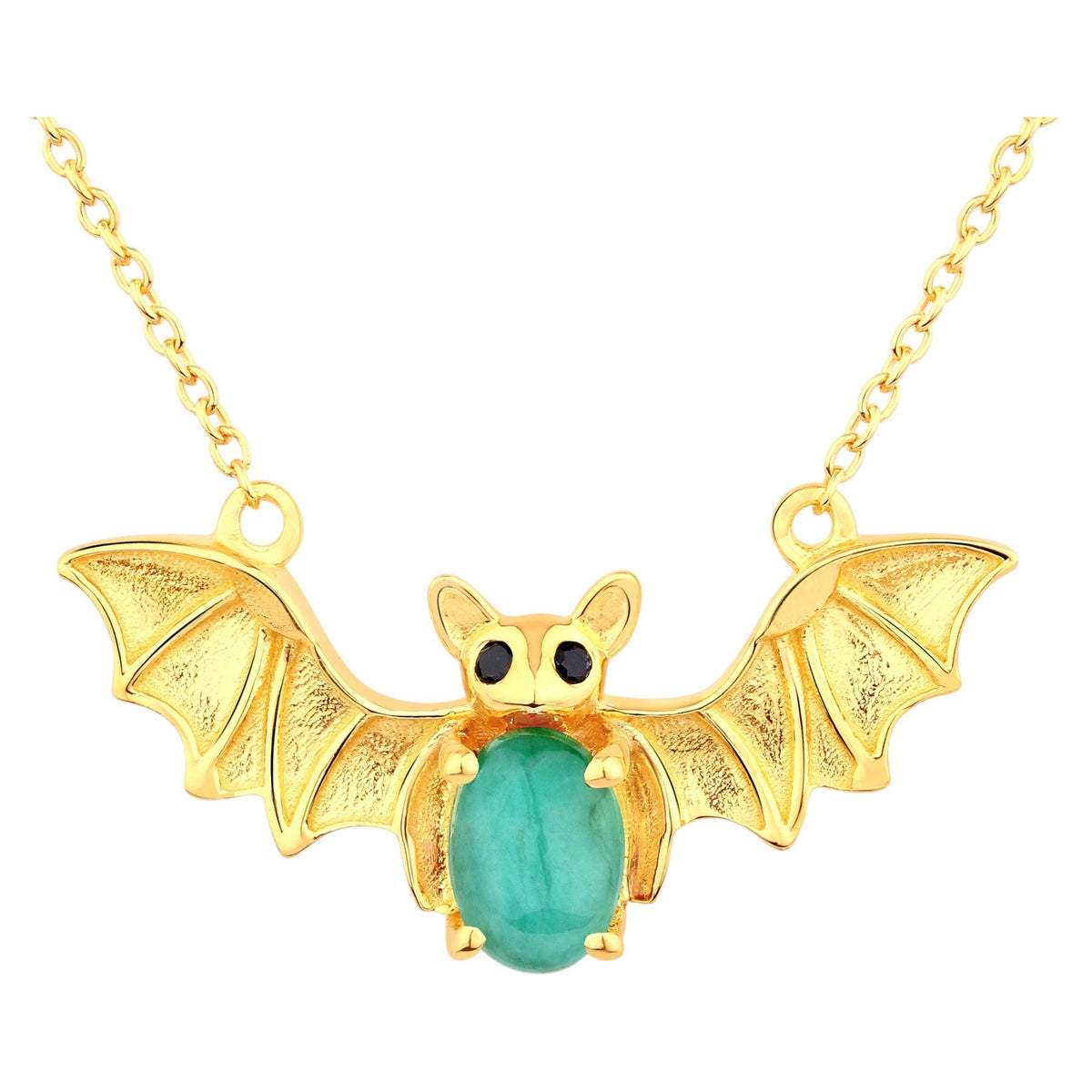 Emerald Bat Necklace With Black Spinel 1.06 Carats Gold Plated Silver
