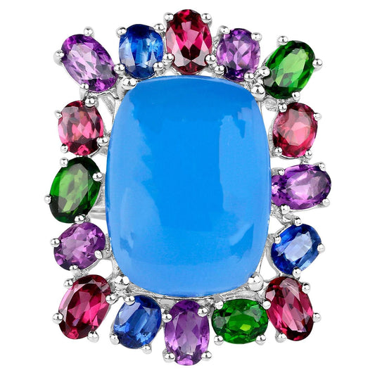 Blue Chalcedony Ring Amethyst Rhodolite Chrome Diopside Kyanite 26 Carats
