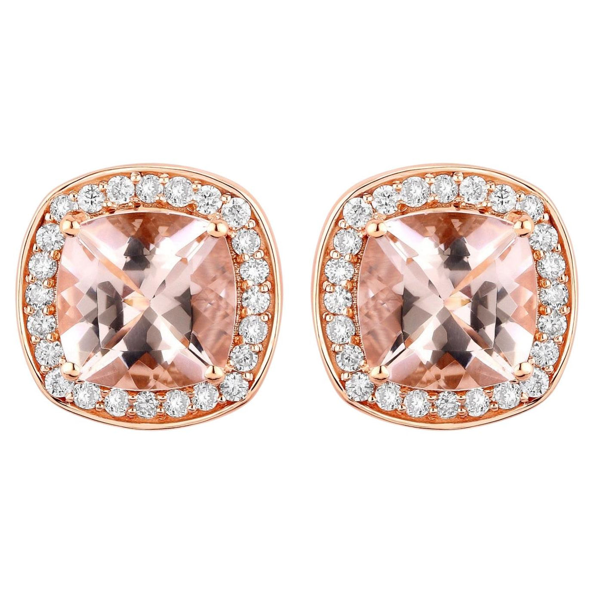 Morganite Stud Earrings With Diamonds 2.68 Carats 14K Rose Gold