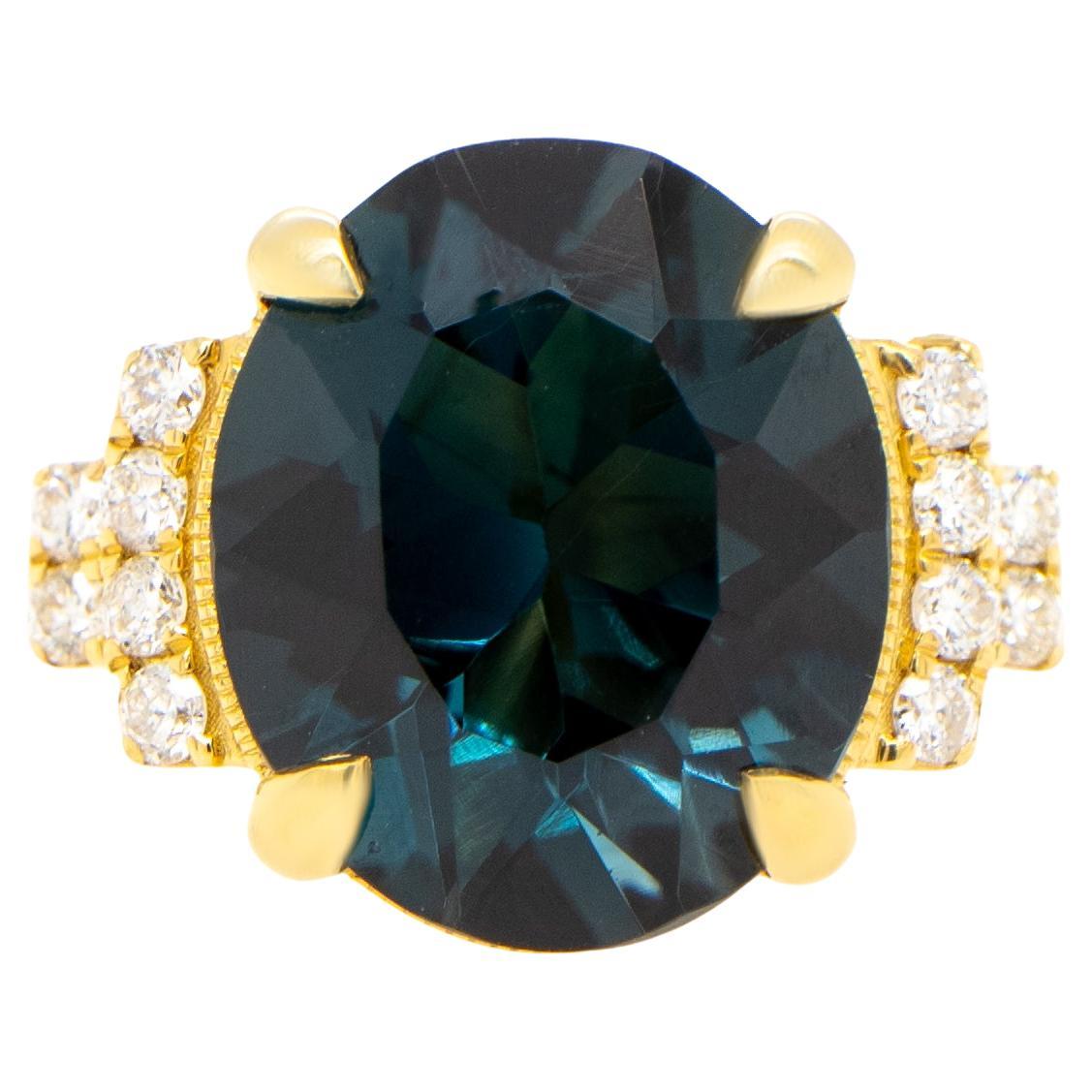 London Blue Topaz Ring Diamond Setting 4.7 Carats 18K Yellow Gold