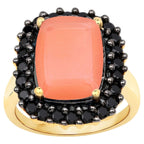 Peach Moonstone Ring With Black Spinel 6.32 Carats Gold Plated Silver