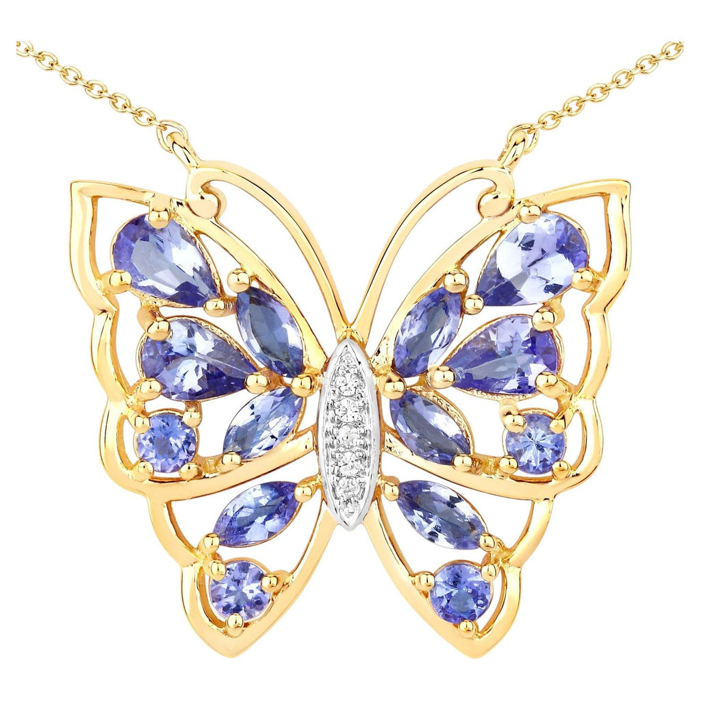 Tanzanite Butterfly Necklace White Zircon 2.68 Carats Gold Plated Silver