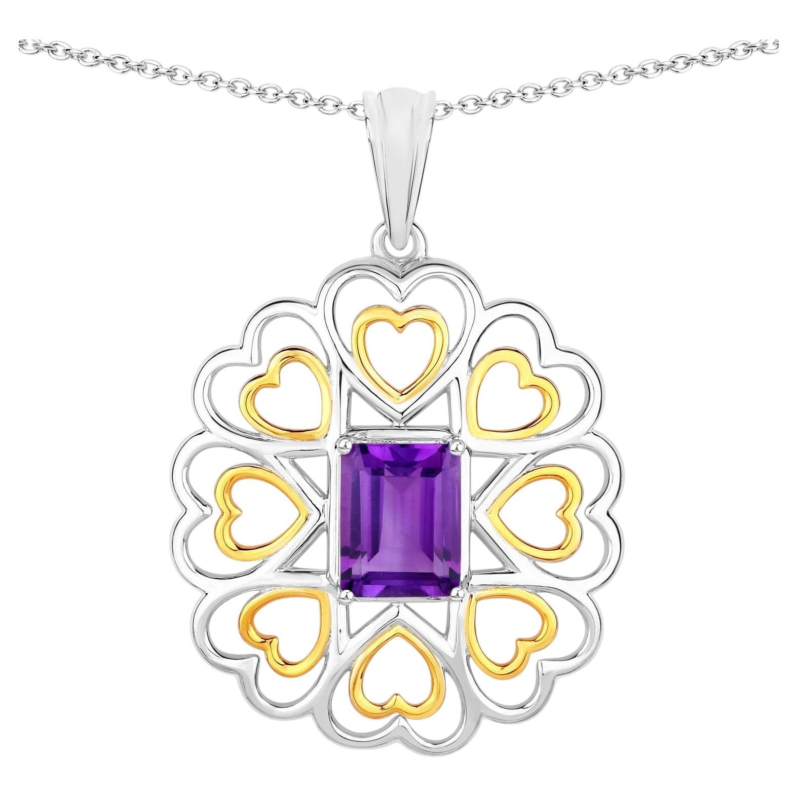 Amethyst Flower Pendant 2.08 Carats Gold Plated Silver