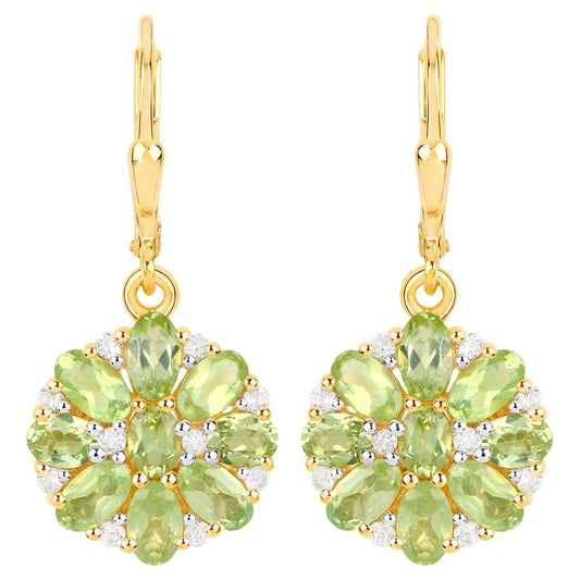 Natural Peridot Cluster Earrings White Topaz 4.2 Carats 18K Gold Plated Silver