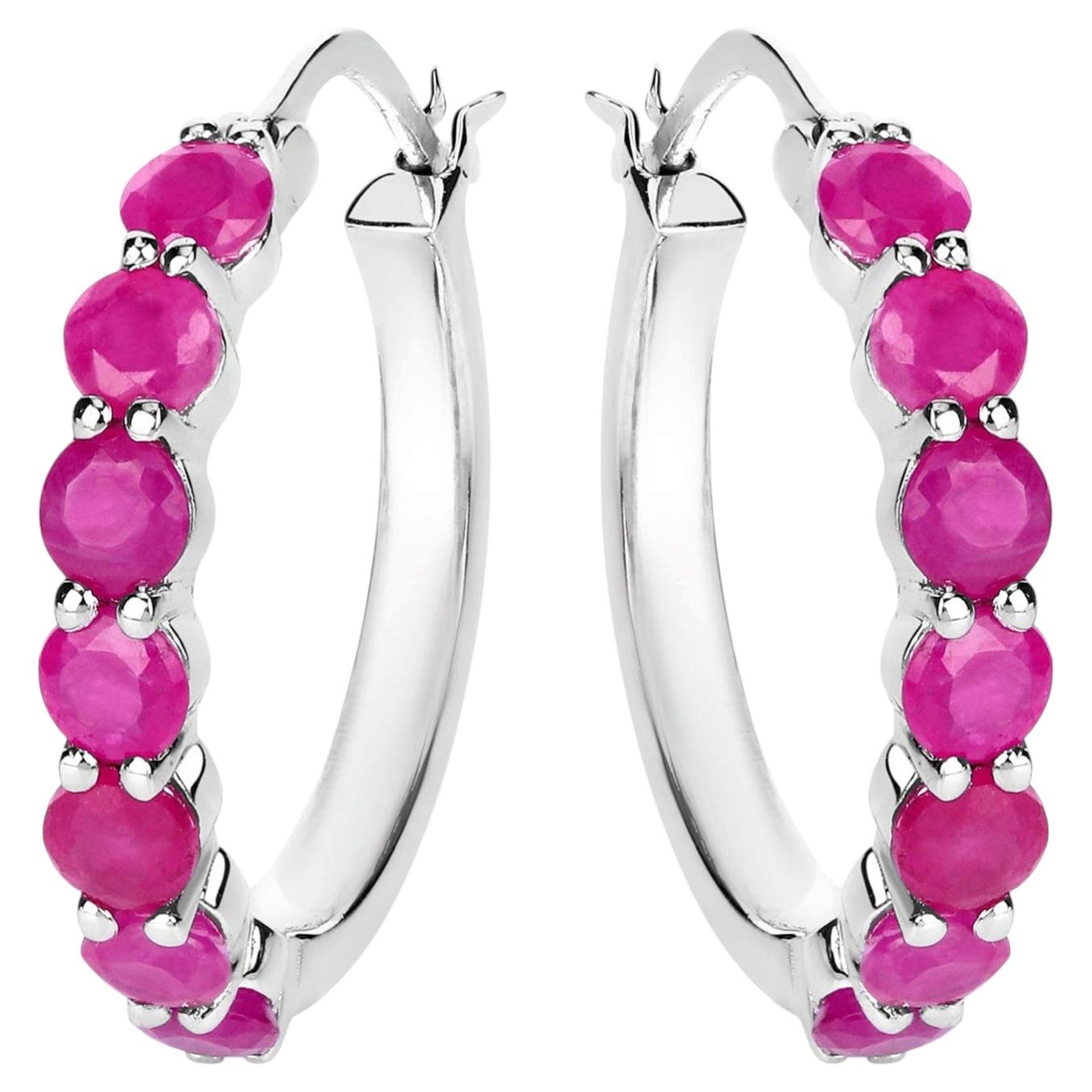 Natural Ruby Hoop Earrings 2.78 Carats Sterling Silver