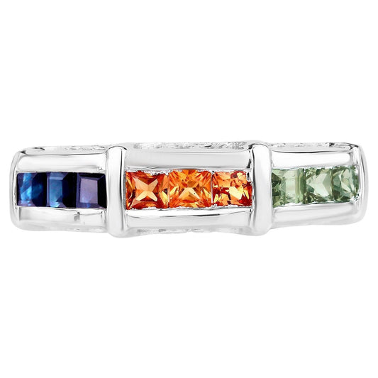 Multicolored Sapphires Ring Green Orange Blue Sterling Silver