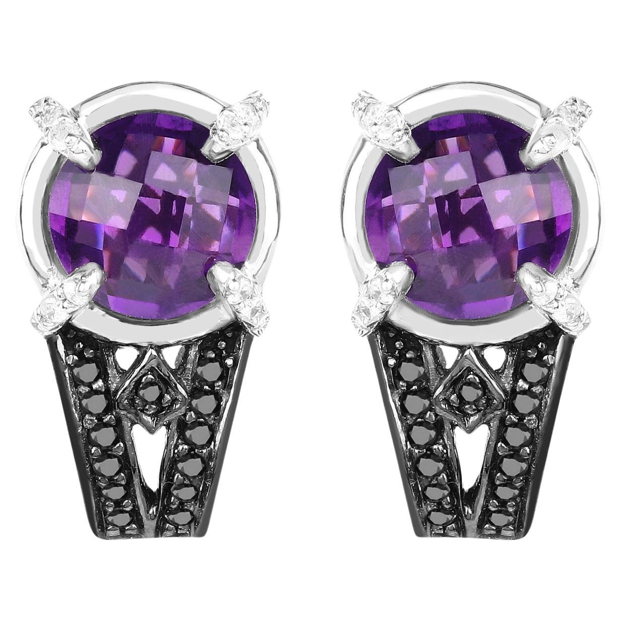 Amethyst Stud Earrings With Black and White Diamonds 3.61 Carats Total