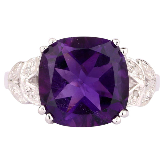 African Amethyst Ring With Diamonds 5.87 Carats Sterling Silver