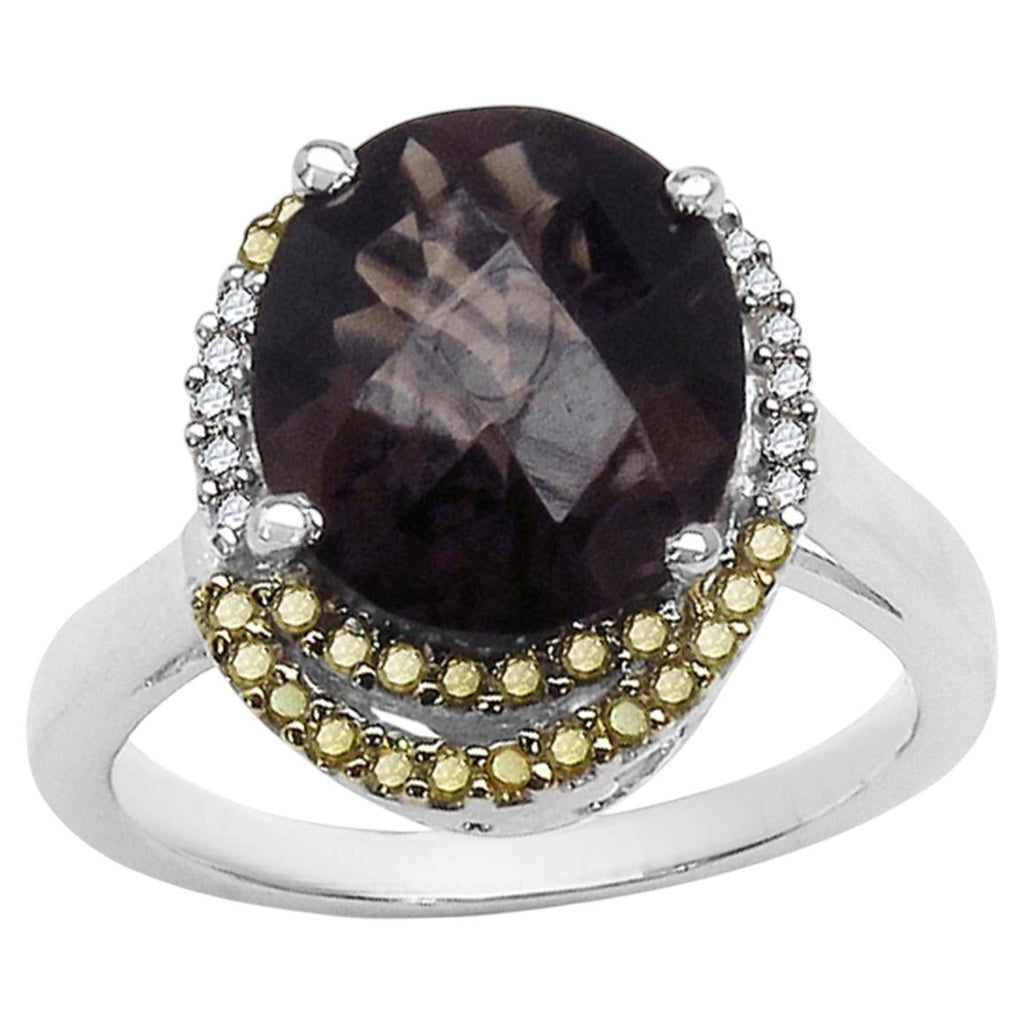 Smoky Quartz Ring With Yellow Diamonds 4.36 Carats Sterling Silver