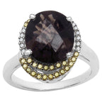 Smoky Quartz Ring With Yellow Diamonds 4.36 Carats Sterling Silver