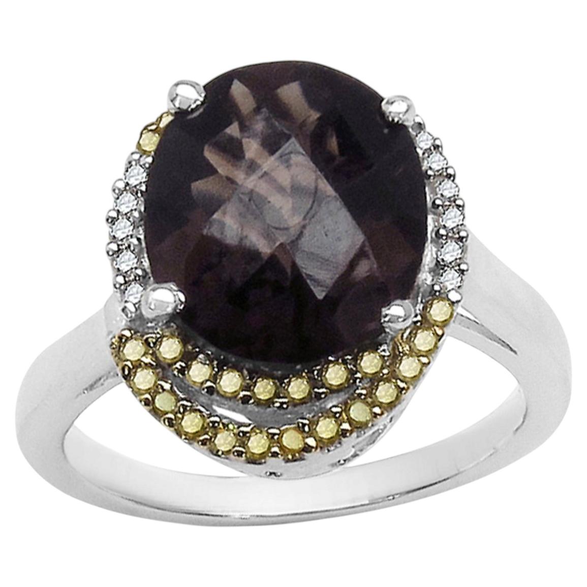 Smoky Quartz Ring With Yellow Diamonds 4.36 Carats Sterling Silver