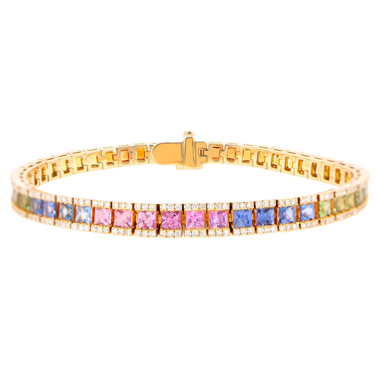 Multicolor Sapphires Rainbow Bracelet Diamond Setting 8.9 Carats 18K Rose Gold