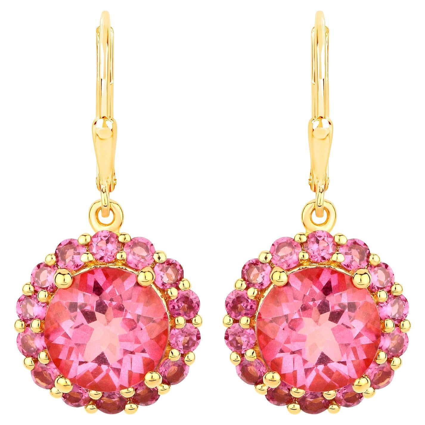 Pink Topaz Dangle Earrings Rhodolites 10.7 Carats 18K Gold Plated Silver