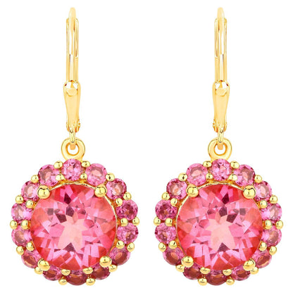 Pink Topaz Dangle Earrings Rhodolites 10.7 Carats 18K Gold Plated Silver