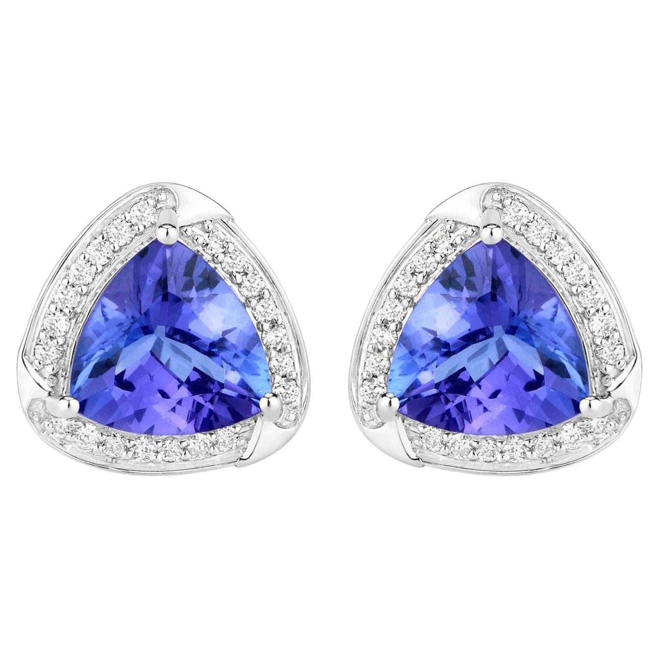 Natural Tanzanite Stud Earrings With Diamonds 3.66 Carats 14K White Gold