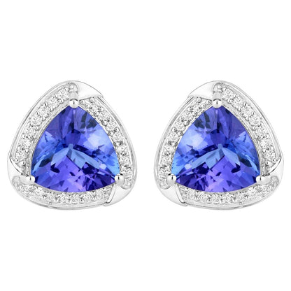 Natural Tanzanite Stud Earrings With Diamonds 3.66 Carats 14K White Gold