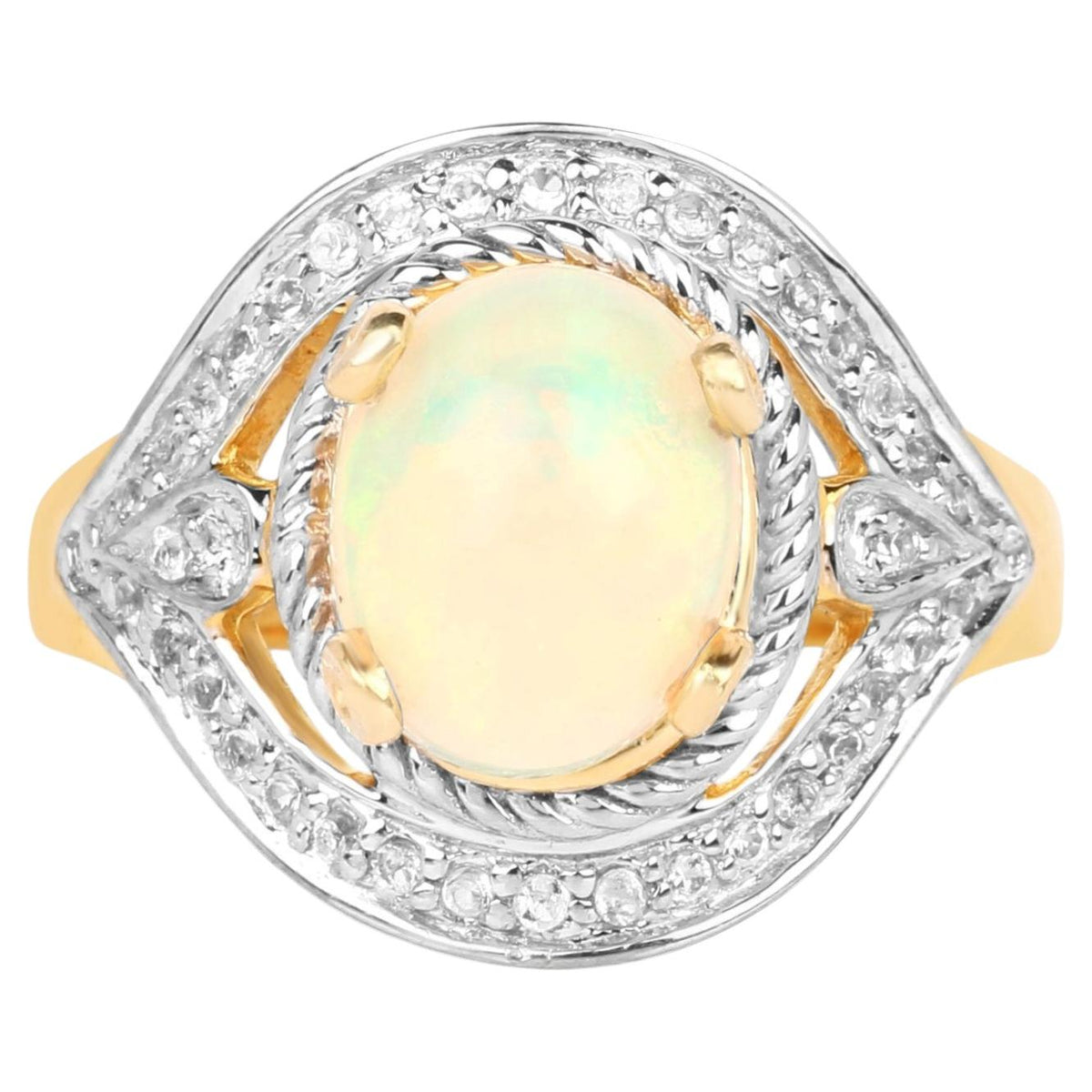 Ethiopian Opal Ring With White Topaz 1.84 Carats Gold Plated Silver