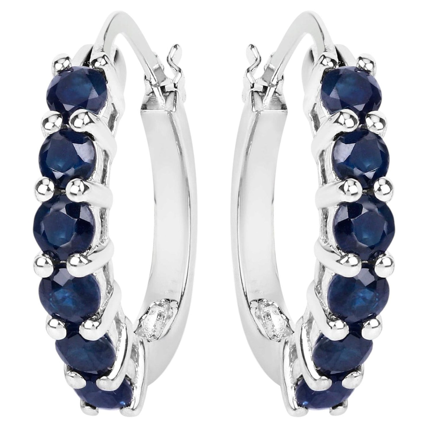 Natural Blue Sapphire Hoop Earrings 1.3 Carats Sterling Silver