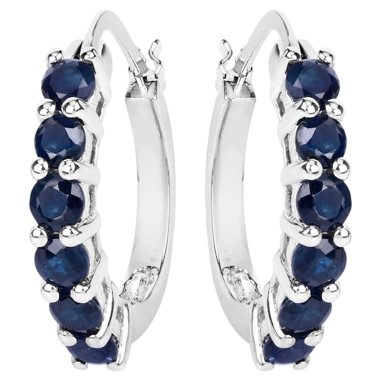 Natural Blue Sapphire Hoop Earrings 1.3 Carats Sterling Silver