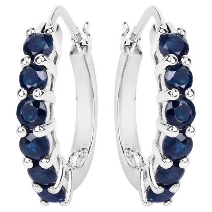 Natural Blue Sapphire Hoop Earrings 1.3 Carats Sterling Silver