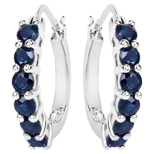 Natural Blue Sapphire Hoop Earrings 1.3 Carats Sterling Silver