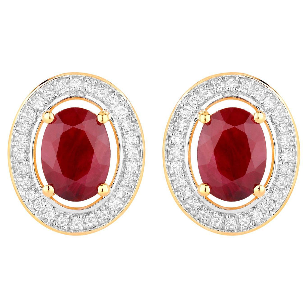 Ruby Earrings Halo Diamonds 2.1 Carats 14K Yellow Gold