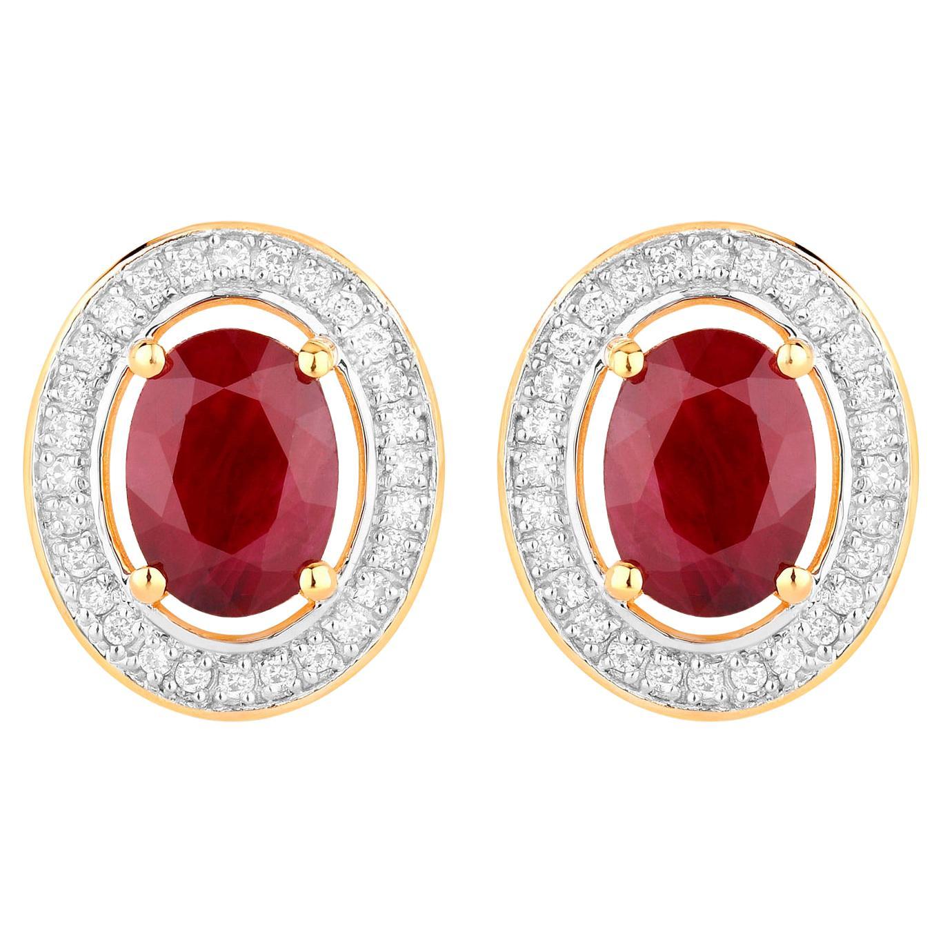 Ruby Earrings Halo Diamonds 2.1 Carats 14K Yellow Gold