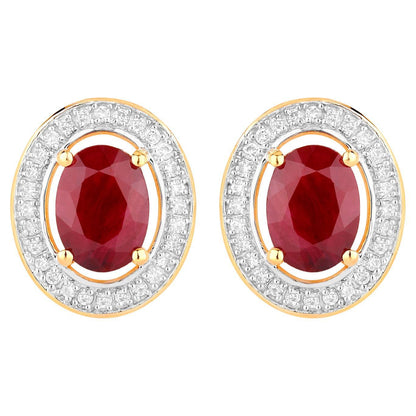 Ruby Earrings Halo Diamonds 2.1 Carats 14K Yellow Gold