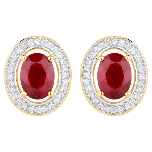 Ruby Earrings Halo Diamonds 2.1 Carats 14K Yellow Gold