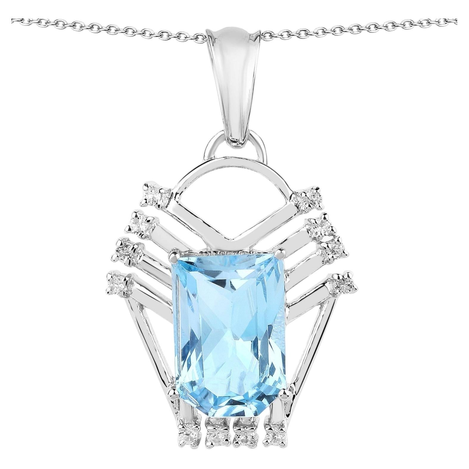 Swiss Blue Topaz Pendant With White Topaz 5.72 Carats Sterling Silver