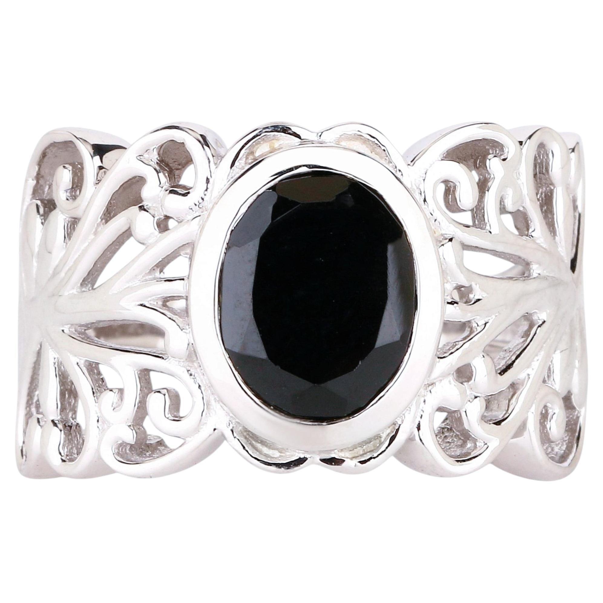 Natural Black Spinel Ring 3.35 Carats Sterling Silver