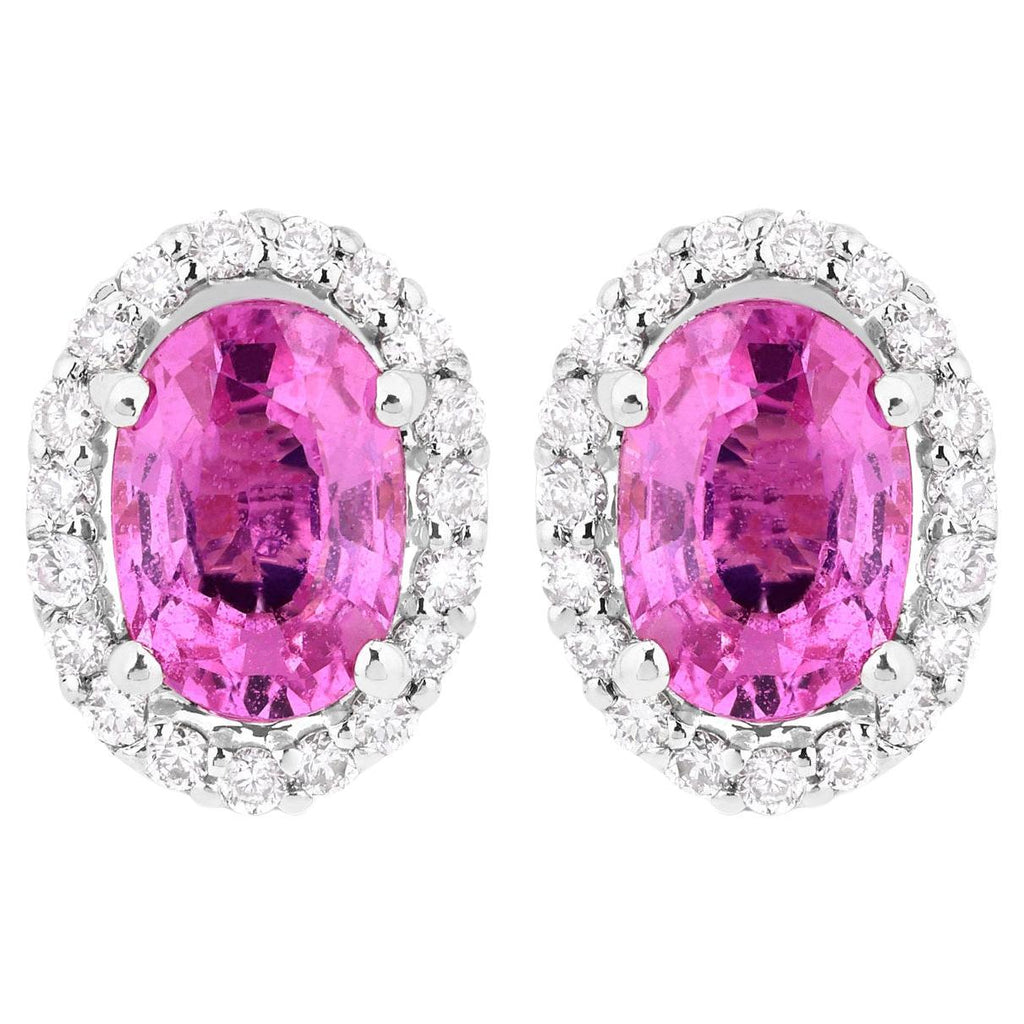 Natural Pink Sapphire Stud Earrings With Diamonds 1.46 Carats 14K White Gold