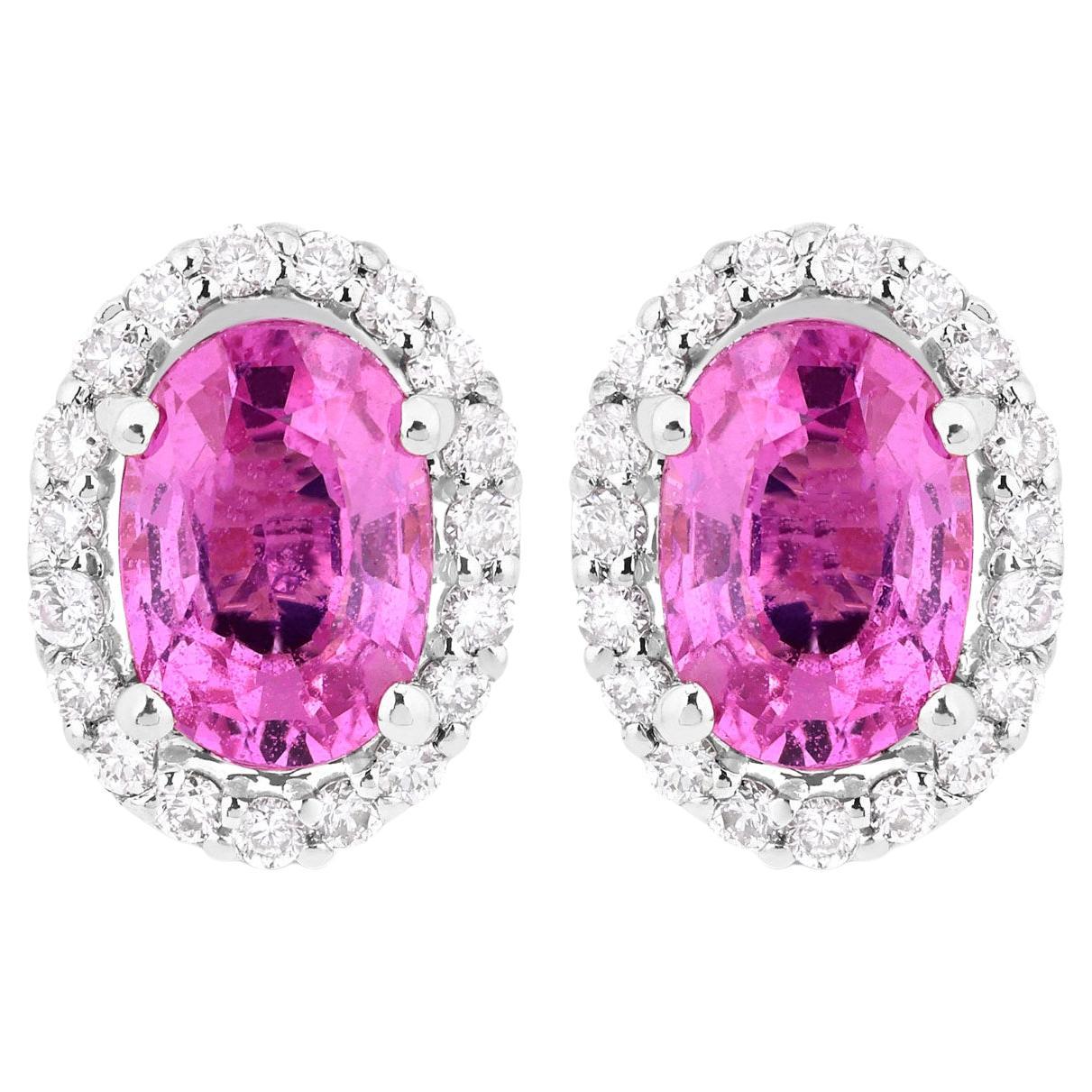 Natural Pink Sapphire Stud Earrings With Diamonds 1.46 Carats 14K White Gold