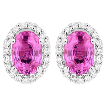 Natural Pink Sapphire Stud Earrings With Diamonds 1.46 Carats 14K White Gold