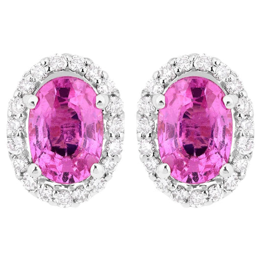 Natural Pink Sapphire Stud Earrings With Diamonds 1.46 Carats 14K White Gold