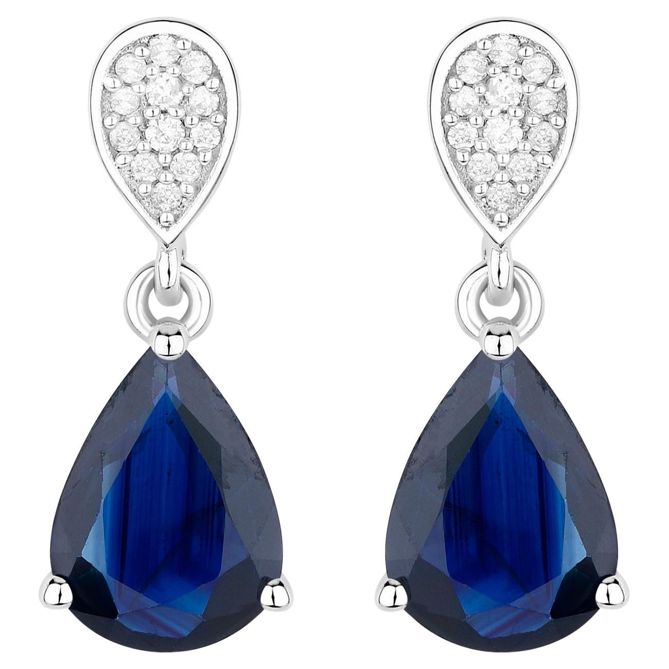 Blue Sapphire Dangle Earrings Diamonds 2.75 Carats 10K White Gold