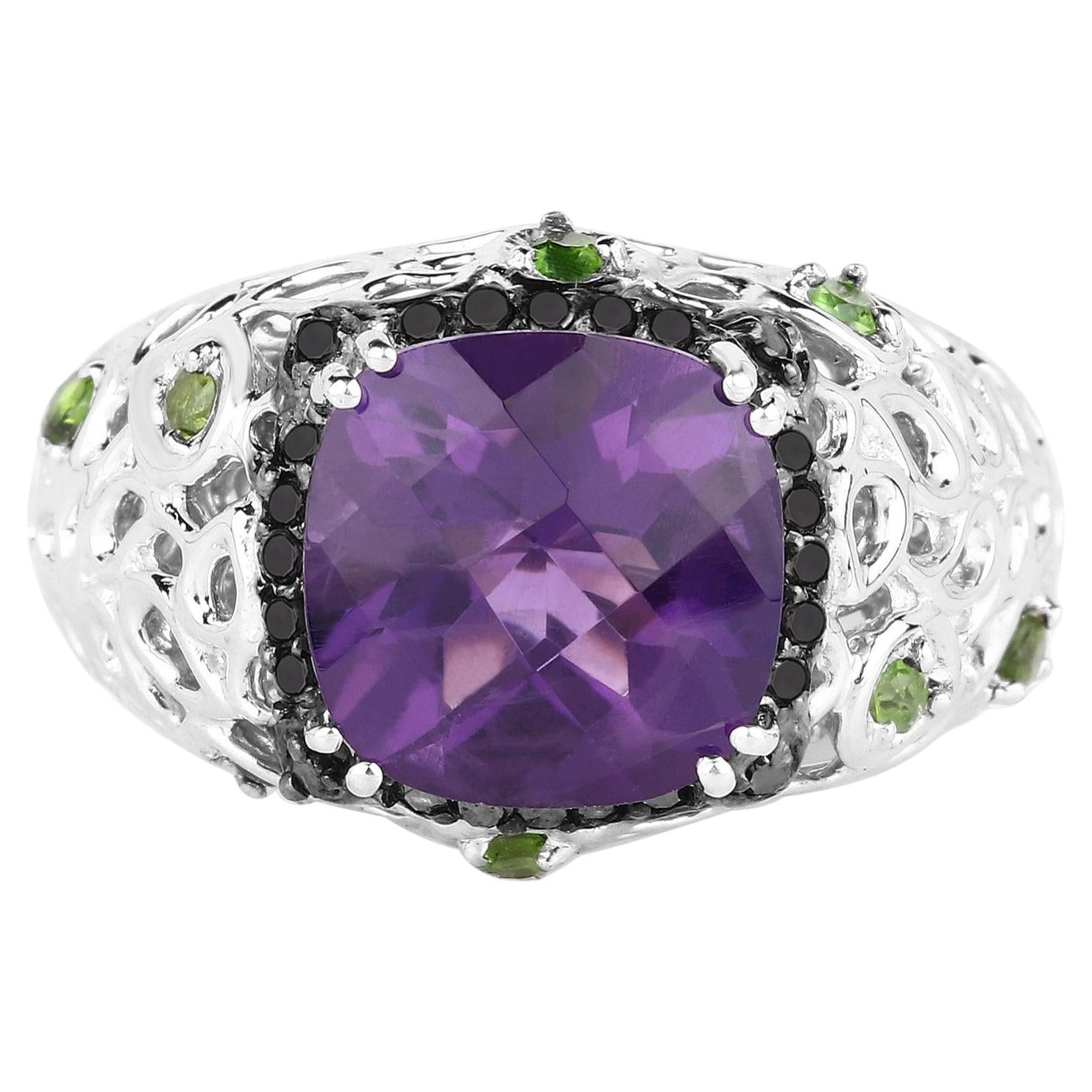 Amethyst Ring With Chrome Diopside 3.22 Carats Sterling Silver