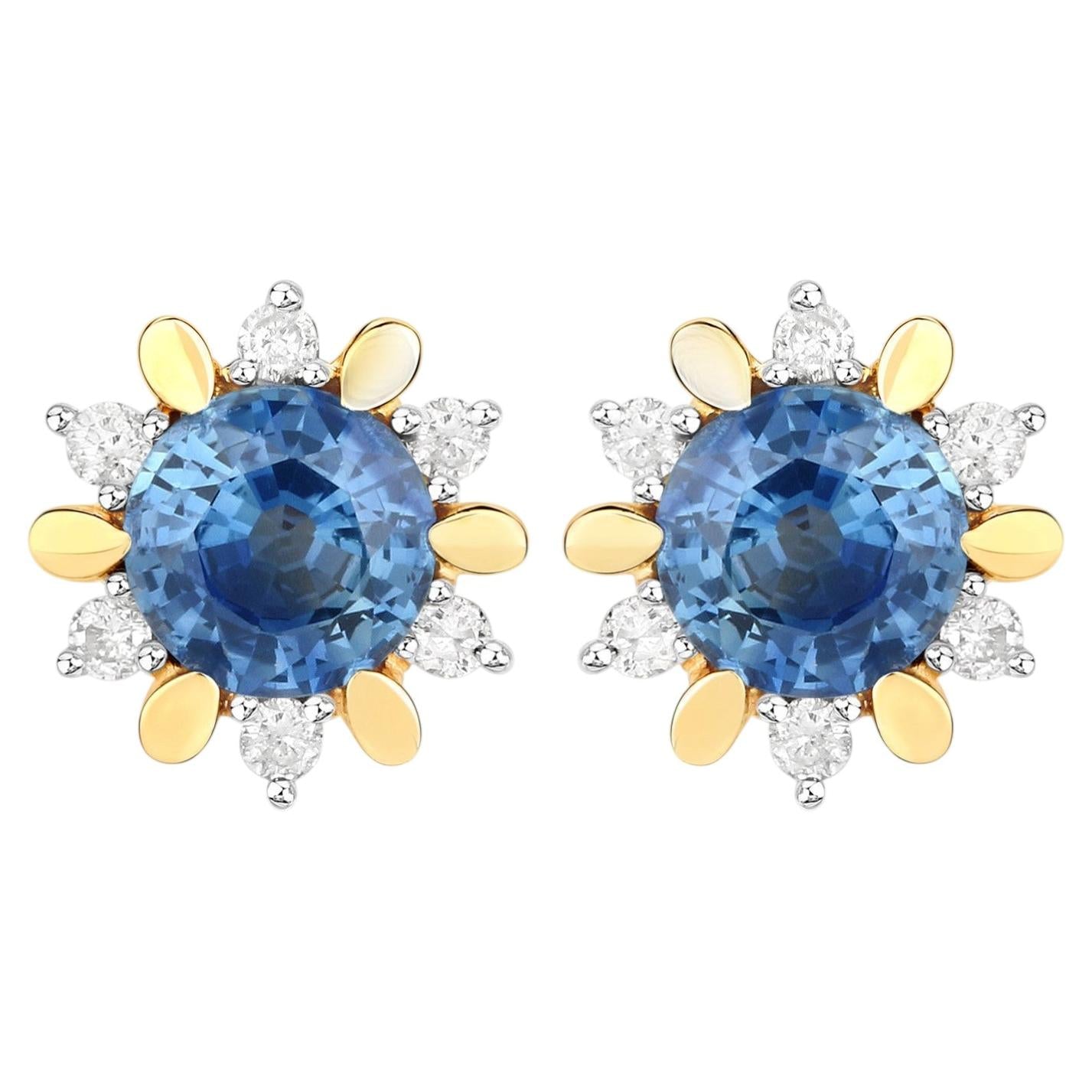Natural Blue Sapphire Earrings With Diamonds 1.84 Carats 14K Yellow Gold
