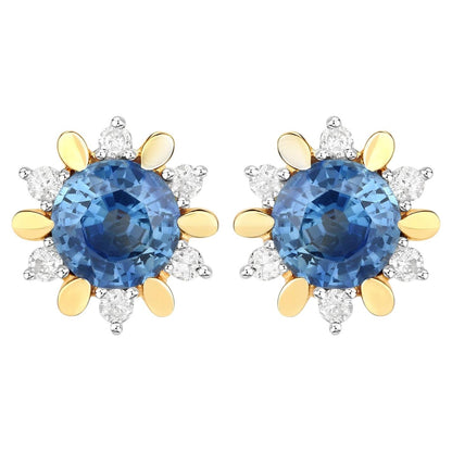 Natural Blue Sapphire Earrings With Diamonds 1.84 Carats 14K Yellow Gold