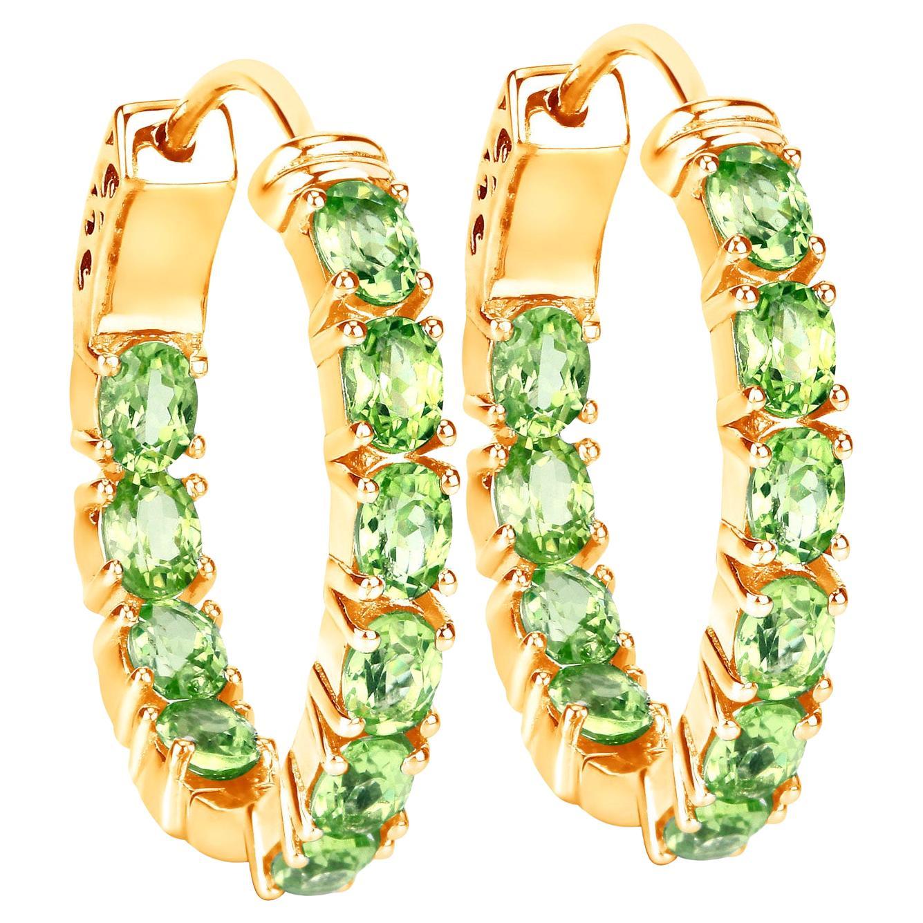 Peridot Hoop Earrings 3.38 Carats 14K Yellow Gold Plated Silver