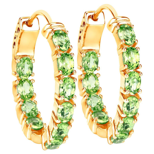 Peridot Hoop Earrings 3.38 Carats 14K Yellow Gold Plated Silver