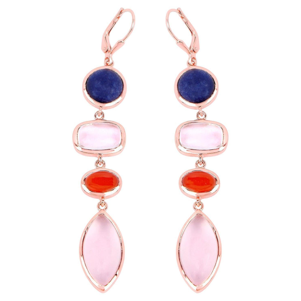 Aventurine Dangle Earrings Carnelian Rose Quartz 33 Carats Gold Plated Silver