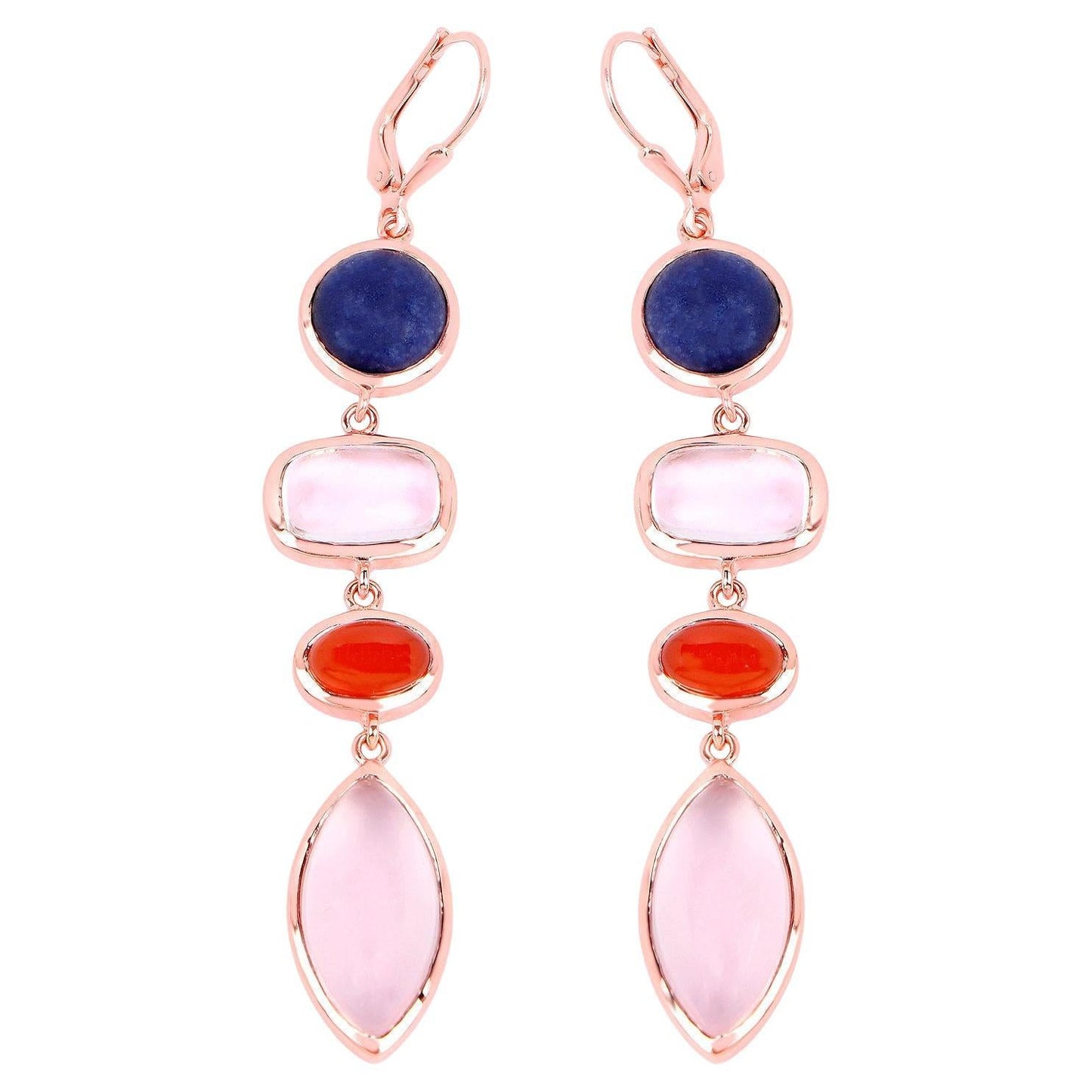Aventurine Dangle Earrings Carnelian Rose Quartz 33 Carats Gold Plated Silver