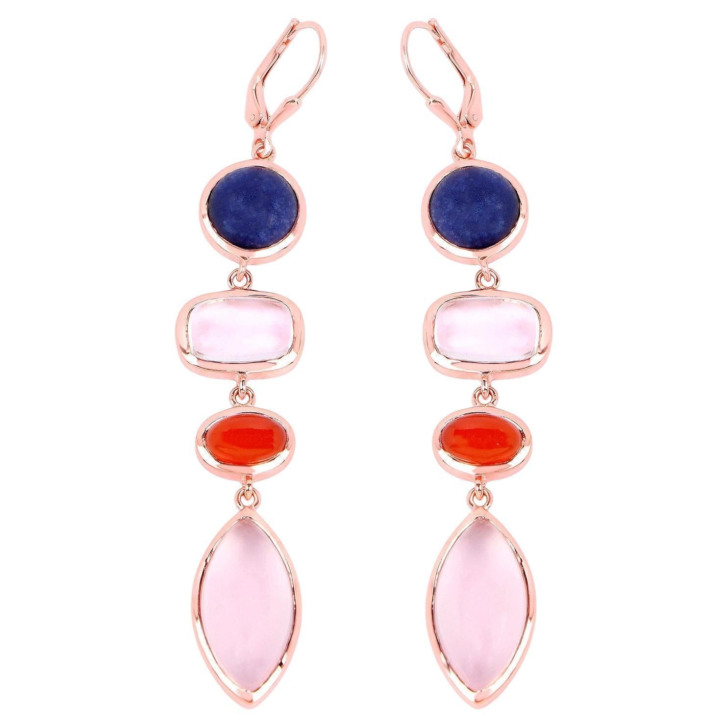 Aventurine Dangle Earrings Carnelian Rose Quartz 33 Carats Gold Plated Silver