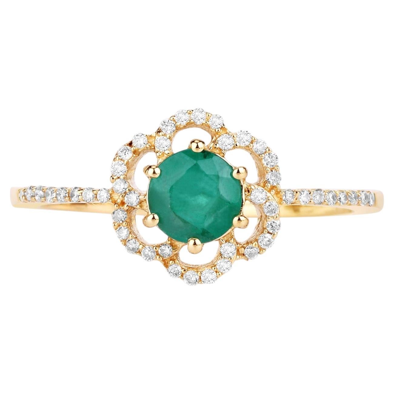 Zambian Emerald Ring With Diamonds 0.52 Carats 14K Yellow Gold