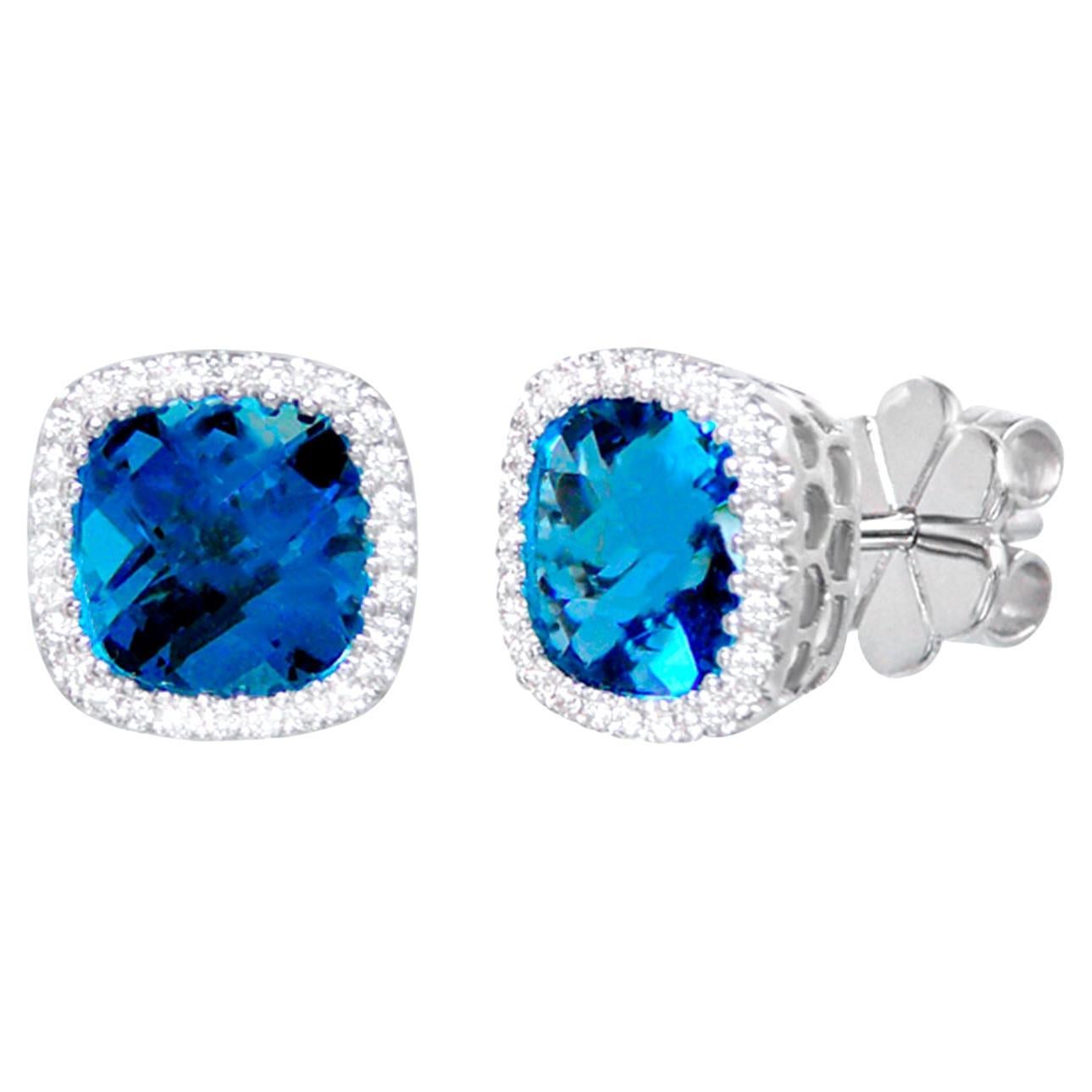 London Blue Topaz Stud Earrings Diamond Halo 3.40 Carats 18K White Gold